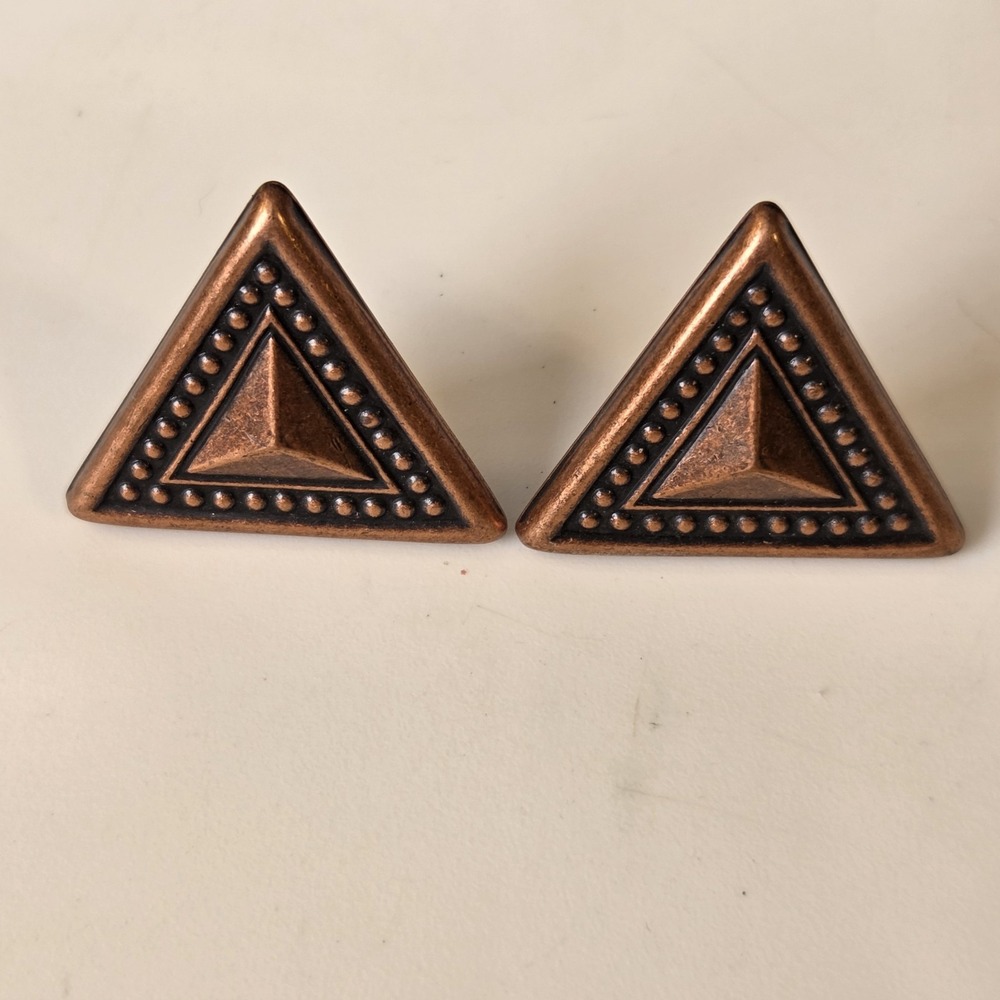 Vintage Unsigned 1980's Copper Tone Textured Metal Triangle Clip On Earrings